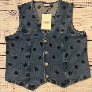Vero Moda Blue Denim Vest with Navy Blue Floral Embroidery